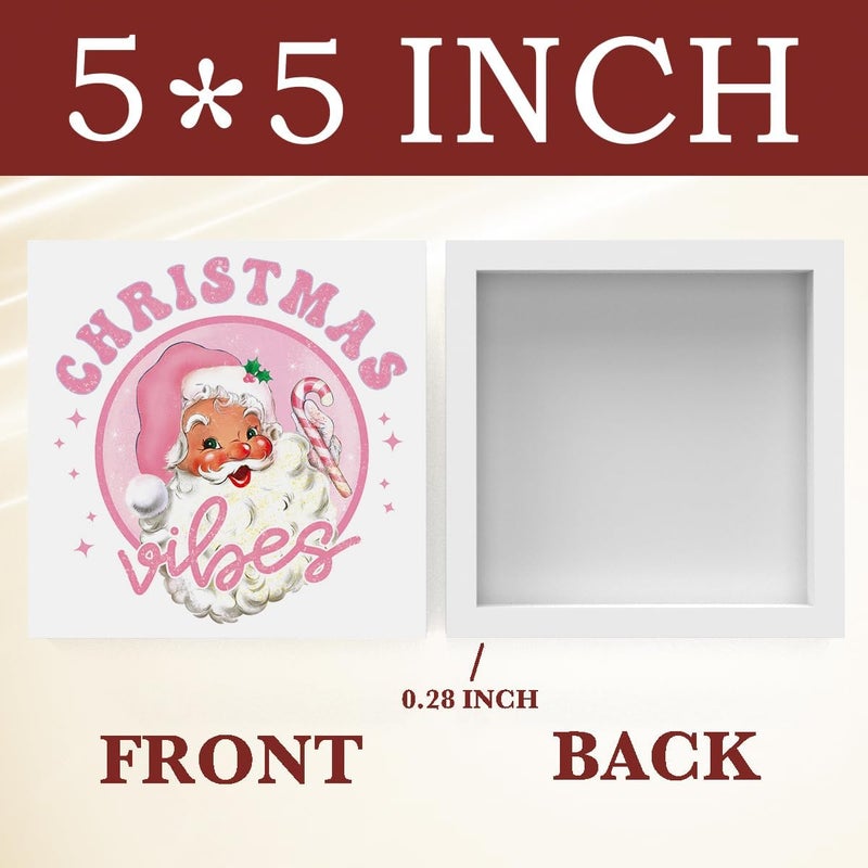 FXEFXE Pink Christmas Decor, Vintage Christmas Decorations Indoor, Glitter Candy Cane Santa Claus Sign Gift for Women Friends, Rustic Farmhouse Wooden Box Sign for Home Office Bedroom Desk Decor 5x5 Inches - Image 2